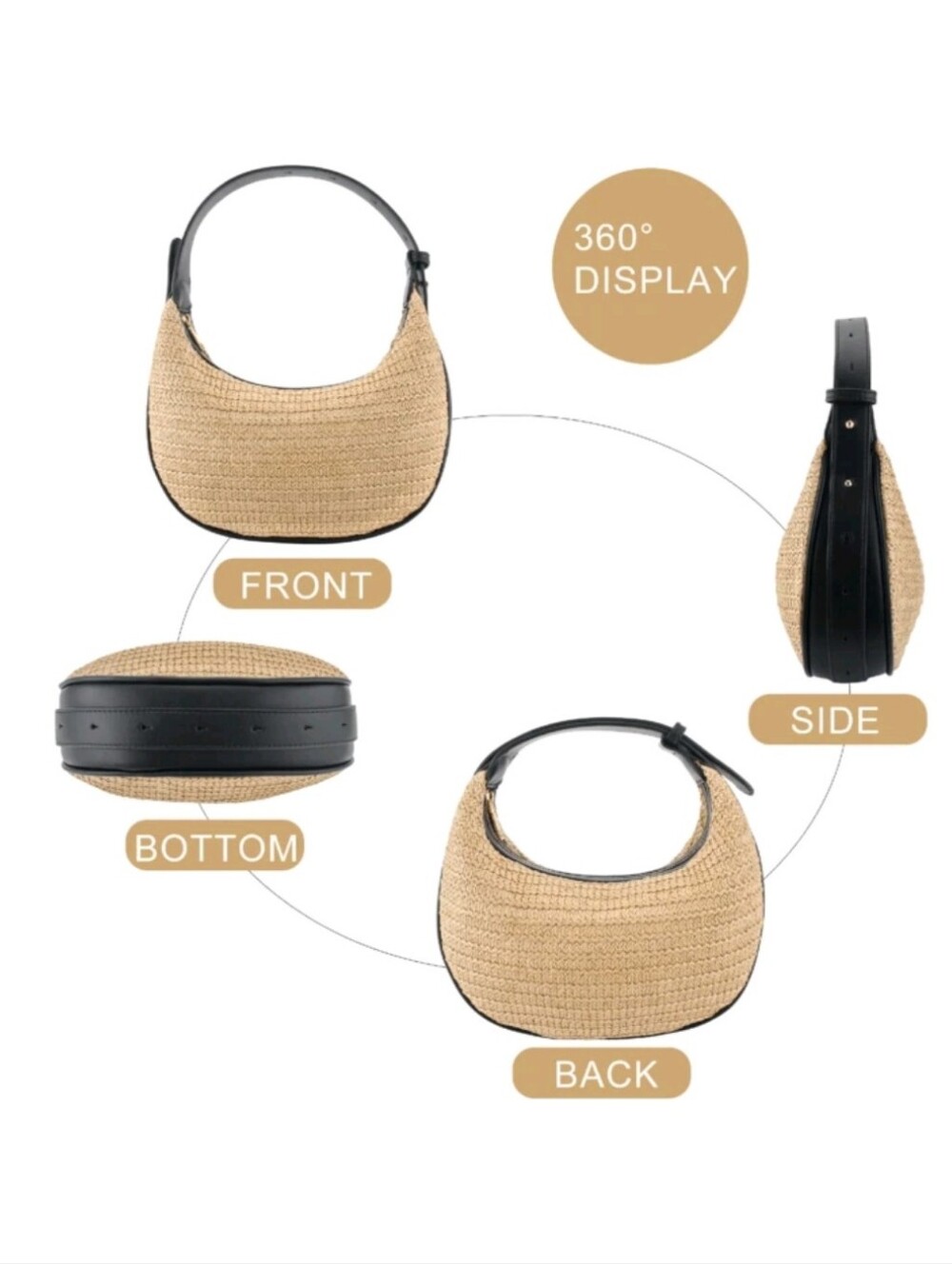 Woven Crescent Shoulder Bag in Natural and Black - Picture 3 of 7